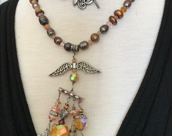 Long Talisman Style Necklace Brown Freshwater Pearl. Carnelian, Silver Cross, Crystal, Natural Crystal Spiritual Exotic Wicca Religious
