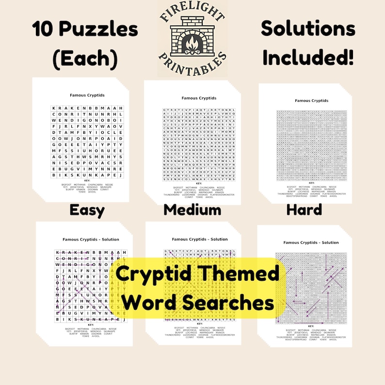 Cryptid Word Search Puzzle Bundle: Monster Theme Brain Games (digital ...