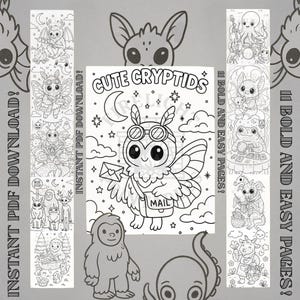Puede incluir: Página de libro para colorear en blanco y negro con una linda polilla con gafas, una bolsa de correo y el texto "CUTE CRYPTIDS". Incluye otras ilustraciones de críptidos y el texto "INSTANT PDF DOWNLOAD!" y "11 BOLD AND EASY PAGES!"