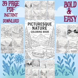 Picturesque nature coloring book for adults forest cabin coloring pages mountain lake scenes bold easy scenic landscape coloring printable