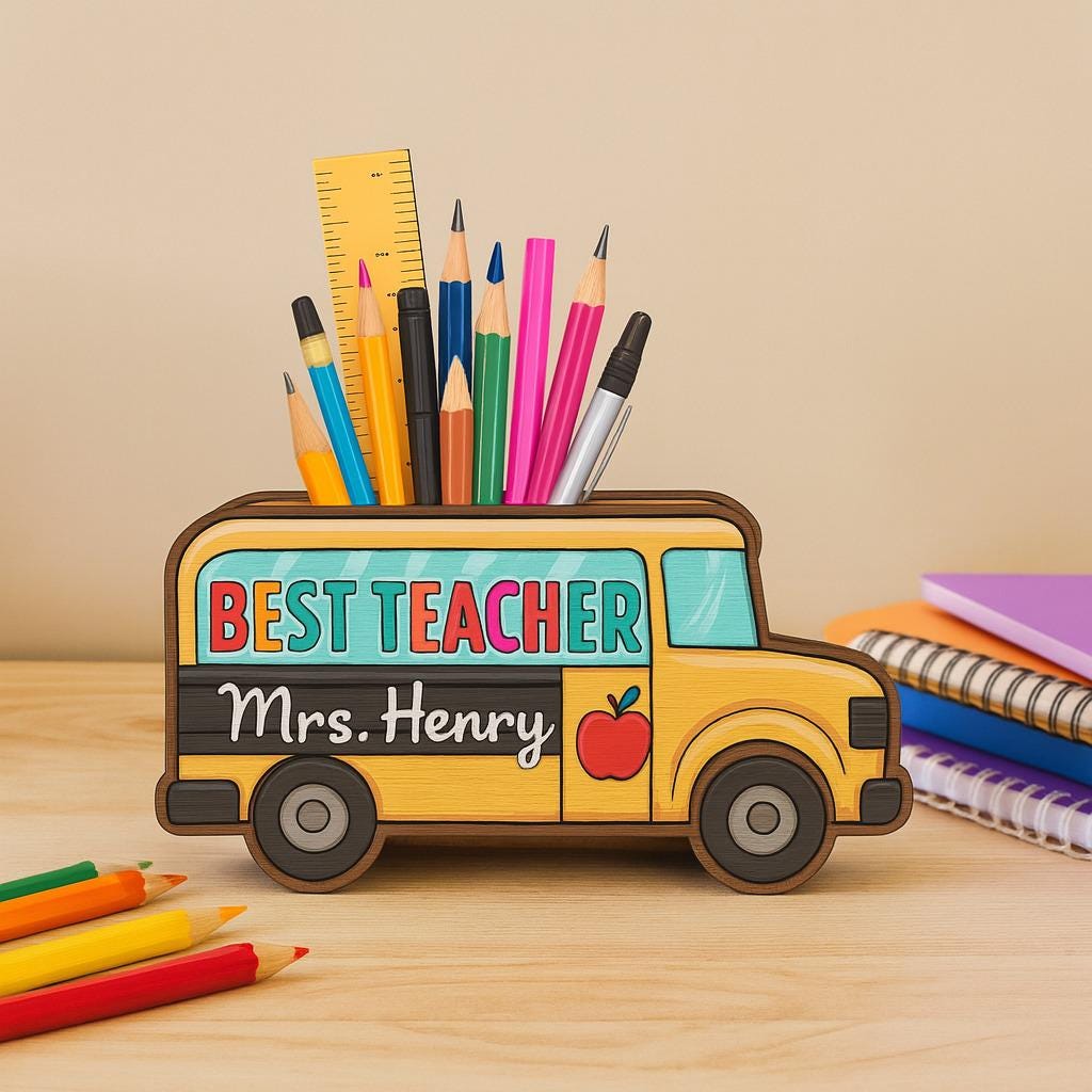 School Bus Teacher Pencil Holder – Personalized Desk Organizer, Back to School Gift, Classroom Decor for Best Teacher