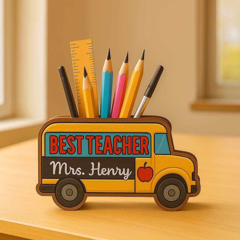 School Bus Teacher Pencil Holder – Personalized Desk Organizer, Back to School Gift, Classroom Decor for Best Teacher