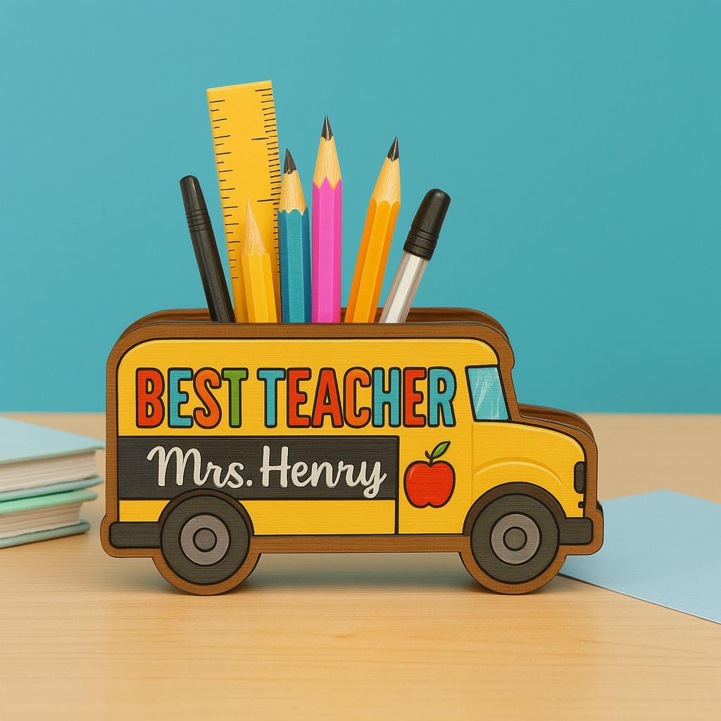 School Bus Teacher Pencil Holder – Personalized Desk Organizer, Back to School Gift, Classroom Decor for Best Teacher