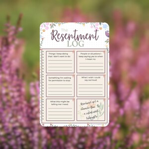 Op de afbeelding: Een rechthoekig papieren logboek getiteld The Resentment Log met een bloemenrand. Het bevat zes secties met prompts waaronder Things I keep doing that I don't want to do, People or situations I keep saying yes to en een afsluitende opmerking.