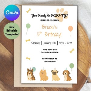 Convite de aniversário de cachorro editável - Modelo - Convite para festa de filhotes - Cartão digital de aniversário para animal de estimação - Download instantâneo - Canva para impressão