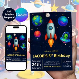 Invitation d'anniversaire modifiable dans l'espace | Thème fusée et extraterrestre | Modèle de fête d'anniversaire | Téléchargement numérique | Carte Espace