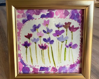 Dipinto ad acquerello floreale in miniatura con cornice: fiori di campo rosa e viola
