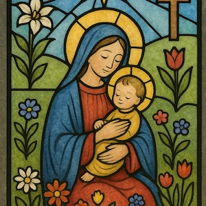 Digital Wall Art Stained Glass Catholic Virgin Mary and Baby Printable Wall Art, Baptism Nursery Catholic Baby Shower gift