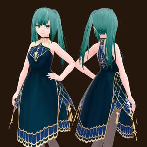 May include: A navy blue dress with gold accents and a halter neckline. The dress features a decorative gold pattern on the bodice and along the hemline. The dress has a unique design with a split skirt and gold tassels.