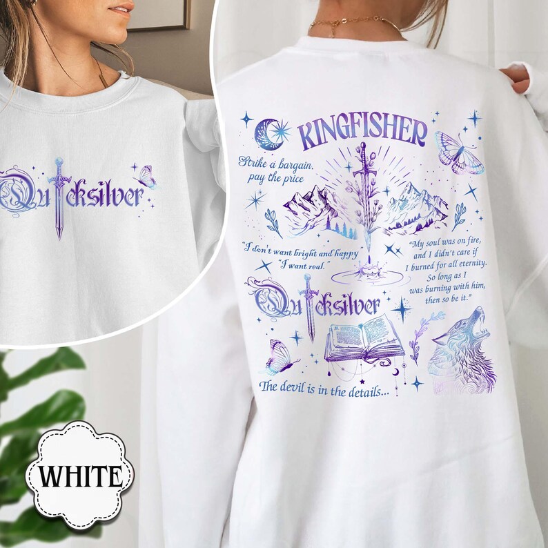 May include: White sweatshirt with a Quicksilver design on the front and back. The back features a Kingfisher design with a sword, mountains, butterflies, and text. The front has a sword and butterfly design.