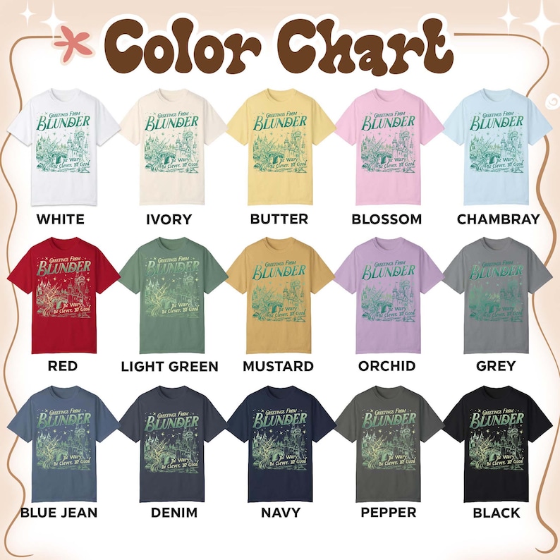 Puede incluir: Una carta de colores muestra camisetas en varios tonos, incluyendo blanco, marfil, mantequilla, flor y chambray. Cada camiseta presenta la palabra "BLUNDER" con un dise&ntilde;o gr&aacute;fico. Otros colores son rojo, verde claro, mostaza, orqu&iacute;dea, gris, azul vaquero, denim, marino, pimienta y negro.