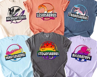 Rainbow Dinosaur Comfort Colors Shirt, LGBTQ Ally Graphic Tee