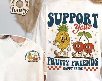 Comfort Colors Fruity Friends Pride Shirt, Retro Rainbow Fruit Graphic Tee