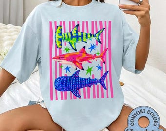 Whale Shark Neon Summer Shirt, White Hammerhead Ocean Animal Tee