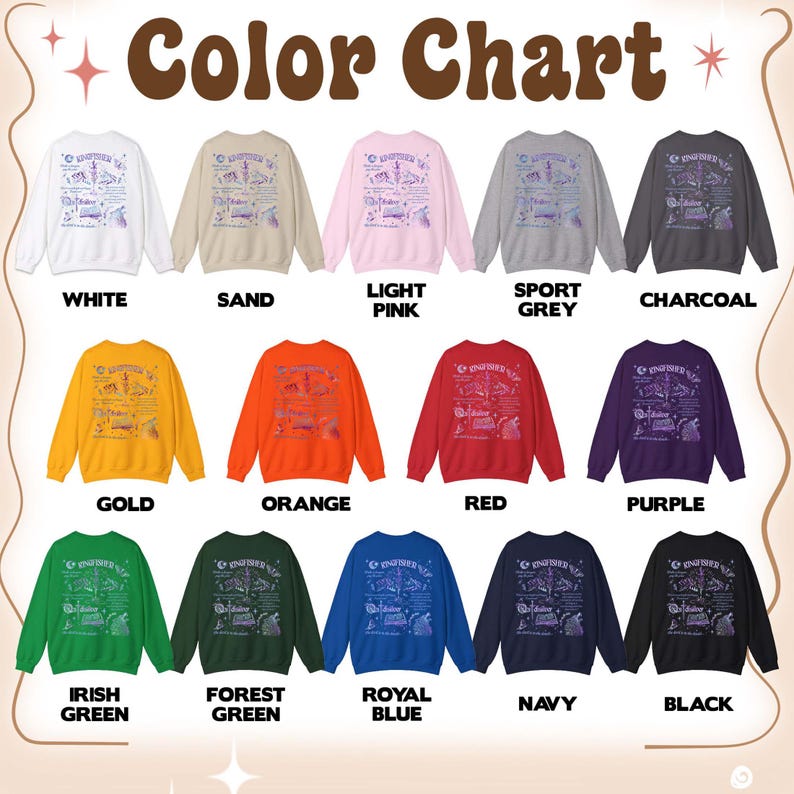 May include: A color chart displays various crewneck sweatshirts in a range of colors, including white, sand, light pink, sport grey, charcoal, gold, orange, red, purple, Irish green, forest green, royal blue, navy, and black. The text "Color Chart" is at the top.
