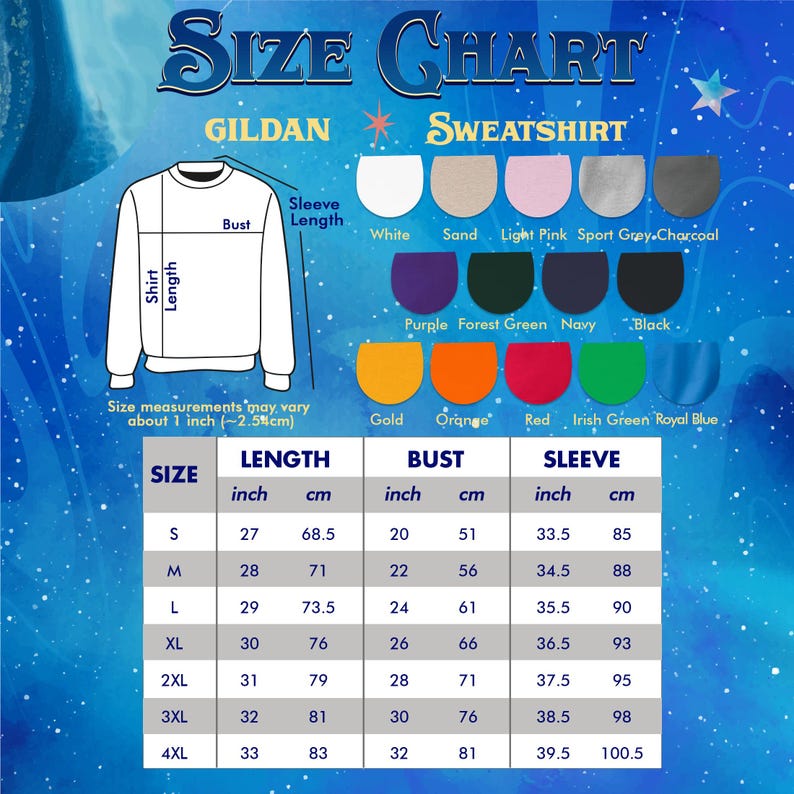 May include: A size chart for Gildan sweatshirts, displaying measurements in inches and centimeters. The chart includes length, bust, and sleeve measurements for sizes S to 4XL. Colors include white, sand, and black.