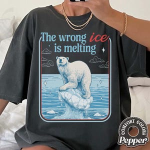 May include: Dark gray t-shirt with a graphic of a polar bear on a melting iceberg. The text "The wrong ice is melting" is above the bear in blue and red. The shirt has a Comfort Colors tag.