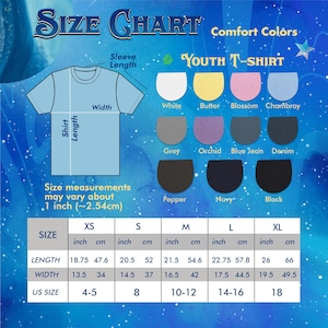 May include: A size chart for youth t-shirts, featuring a light blue t-shirt graphic with measurements in inches and centimeters. Color swatches include white, butter, blossom, chambray, grey, orchid, blue jean, denim, pepper, navy, and black. The chart provides size information for XS to XL.