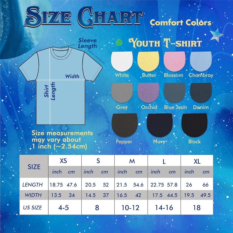 May include: A size chart for youth t-shirts, featuring a light blue t-shirt graphic with measurements in inches and centimeters. Color swatches include white, butter, blossom, chambray, grey, orchid, blue jean, denim, pepper, navy, and black. The chart provides size information for XS to XL.
