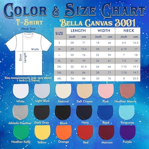 May include: A color and size chart for Bella Canvas 3001 T-shirts. The chart includes measurements in inches and centimeters for length, width, and neck size, ranging from size small to 4XL. Color swatches include white, light blue, and black.