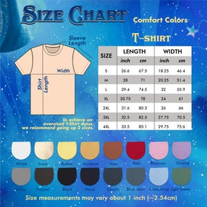 May include: A size chart for a Comfort Colors T-shirt, with measurements in inches and centimeters. The chart includes sizes S to 4XL, with length and width dimensions. Color swatches at the bottom include white, ivory, and black.