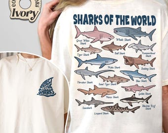 Sharks of the World Comfort Colors Shirt, Marine Biology Retro Graphic Tee