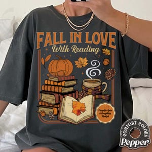 Fall in Love with Reading Comfort Colors Shirt, Fall Reading T-Shirt, Halloween Gifts for School Librarian, Cozy Book Shirt for Book Lovers