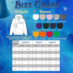 May include: A size chart for Gildan hoodies, featuring a white hoodie illustration with measurements for length, width, and sleeve length in inches and centimeters. Includes color options and size details from S to 4XL.