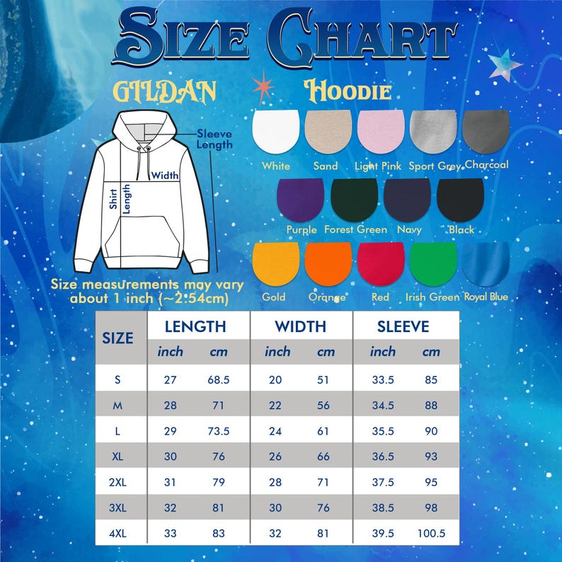May include: A size chart for Gildan hoodies, featuring a white hoodie illustration with measurements for length, width, and sleeve length in inches and centimeters. Includes color options and size details from S to 4XL.