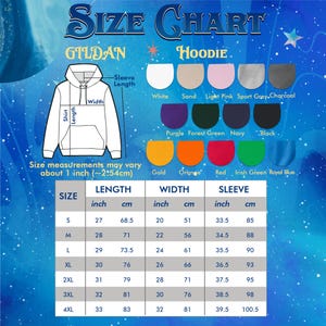 May include: A size chart for Gildan hoodies, featuring a white hoodie illustration with measurements for length, width, and sleeve length in inches and centimeters. Includes color options and size details from S to 4XL.