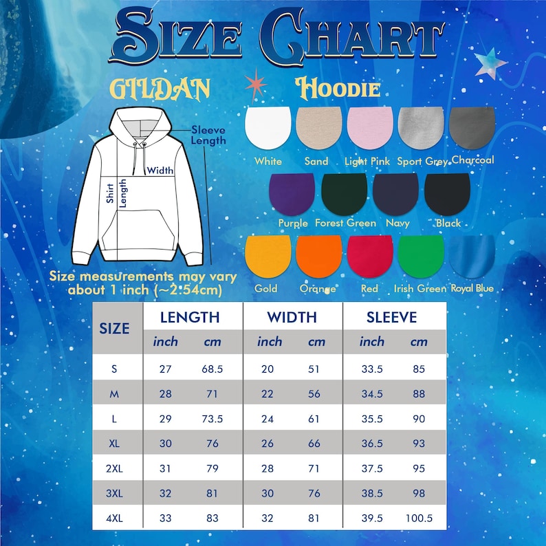 May include: A size chart for Gildan hoodies, featuring a white hoodie illustration with measurements for length, width, and sleeve length in inches and centimeters. Includes color options and size details from S to 4XL.