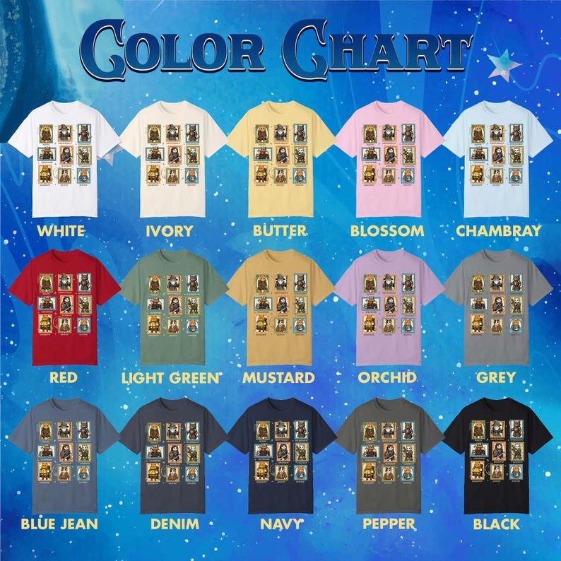 K&ouml;nnte beinhalten: Eine Farbkarte zeigt T-Shirts in verschiedenen Farben, darunter Wei&szlig;, Elfenbein, Butter, Blossom, Chambray, Rot, Hellgr&uuml;n, Senf, Orchidee, Grau, Blue Jean, Denim, Marine, Pfeffer und Schwarz. Jedes Shirt hat ein sich wiederholendes Muster.