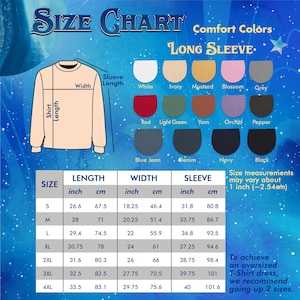 May include: A size chart for a long-sleeve shirt, featuring a color palette and size measurements in inches and centimeters. The chart includes length, width, and sleeve dimensions for sizes S to 4XL. The text recommends sizing up for an oversized fit.
