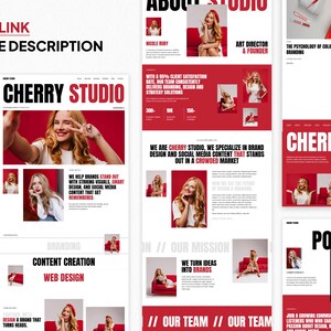 May include: A website design layout with a red and white color scheme. The text "CHERRY STUDIO" is prominently displayed. The design includes images of a woman, along with text about branding, content creation, and web design. The phrase "FIND LINK IN THE DESCRIPTION" is also visible.
