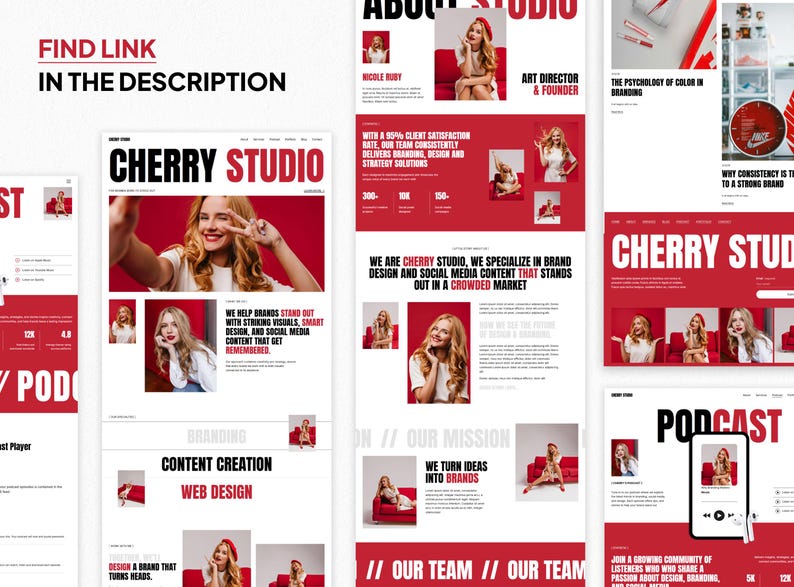 May include: A website design layout with a red and white color scheme. The text "CHERRY STUDIO" is prominently displayed. The design includes images of a woman, along with text about branding, content creation, and web design. The phrase "FIND LINK IN THE DESCRIPTION" is also visible.