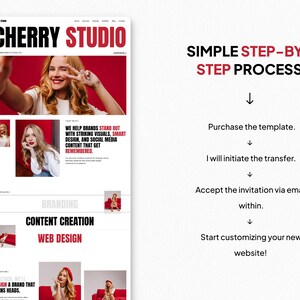 May include: A website design layout with the text "CHERRY STUDIO" in black and red. The layout includes images of a woman and the text "SIMPLE STEP-BY-STEP PROCESS". The layout also includes the text "WE HELP BRANDS STAND OUT".