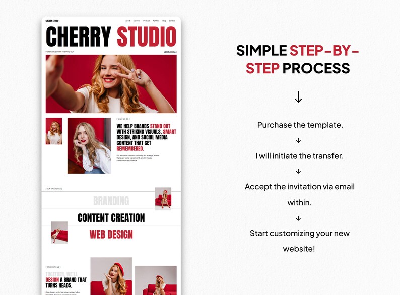 May include: A website design layout with the text "CHERRY STUDIO" in black and red. The layout includes images of a woman and the text "SIMPLE STEP-BY-STEP PROCESS". The layout also includes the text "WE HELP BRANDS STAND OUT".