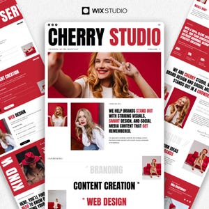 Op de afbeelding: Een website-ontwerp met een rood en wit kleurenschema. De tekst "CHERRY STUDIO" is prominent aanwezig. De lay-out bevat afbeeldingen van een vrouw en secties voor webdesign, branding en content creatie.