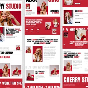 May include: A website design layout for Cherry Studio, featuring a red and white color scheme. The design includes images of a woman, text, and graphics promoting branding, content creation, and web design services.