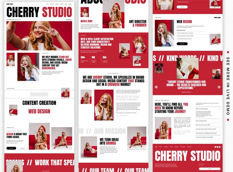 May include: A website design layout for Cherry Studio, featuring a red and white color scheme. The design includes images of a woman, text, and graphics promoting branding, content creation, and web design services.