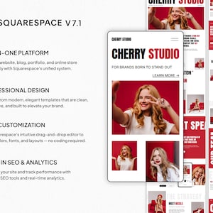 May include: A digital marketing and website design advertisement. The image features a Squarespace logo and a mock-up of a website with the text "Cherry Studio" and a woman taking a selfie. The website design is red and white.