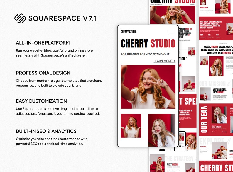 May include: A digital marketing and website design advertisement. The image features a Squarespace logo and a mock-up of a website with the text "Cherry Studio" and a woman taking a selfie. The website design is red and white.
