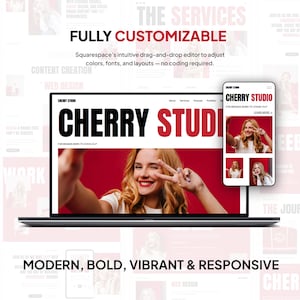 May include: A laptop and smartphone display the "CHERRY STUDIO" website design. The laptop screen shows a woman making a peace sign. Text on the screen reads "FOR BRANDS BORN TO STAND OUT". The image also includes the words "FULLY CUSTOMIZABLE".