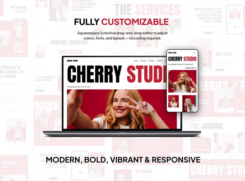 May include: A laptop and smartphone display the "CHERRY STUDIO" website design. The laptop screen shows a woman making a peace sign. Text on the screen reads "FOR BRANDS BORN TO STAND OUT". The image also includes the words "FULLY CUSTOMIZABLE".