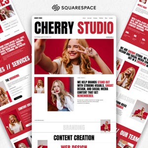 Könnte beinhalten: Ein Website-Design für Cherry Studio mit einem rot-weißen Farbschema. Das Design umfasst den Firmennamen, eine Frau, die ein Selfie macht, und Abschnitte für Branding, Content-Erstellung und Webdesign.