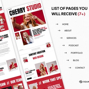 May include: A website design mockup with a red and white color scheme. The design includes the text "CHERRY STUDIO" and a list of pages, including Home, About, and Services. The image also features photos of a woman.