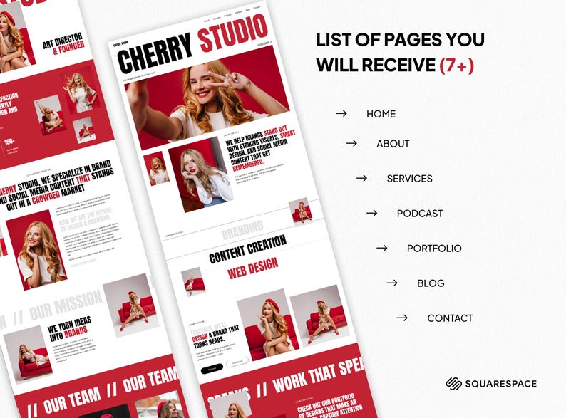 May include: A website design mockup with a red and white color scheme. The design includes the text "CHERRY STUDIO" and a list of pages, including Home, About, and Services. The image also features photos of a woman.