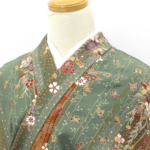 Vintage japansk sidenkimono från Komon – grön & brun Ichimatsu, abstrakt blommönster