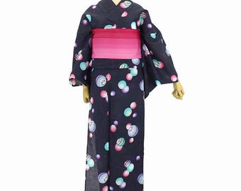 Yukata 100% Cotton | Temari Ball | Dark Gray, Pink, Purple | Traditional Japanese Summer Kimono | Obi Not Included