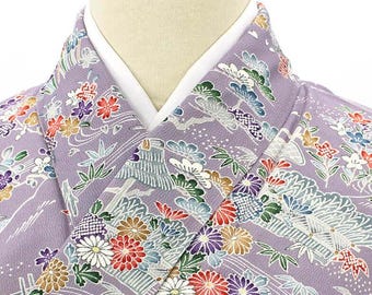 A Rank / Vintage Silk Komon Kimono – Lavender with Pine, Bamboo, Plum & Water Motifs – Japanese Traditional Pattern – Collectible Kimono